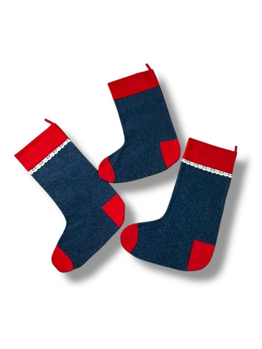 Three Vintage Christmas Stockings Handmade Denim & red Flannel Retro 70s/80s